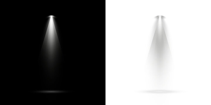 Volumetric white light rays shining down. Cinematic god rays or divine spotlight effect isolated on a transparent background for spiritual or stage design