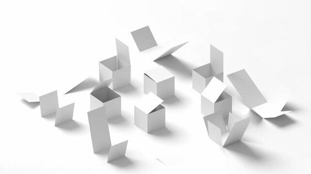 Abstract Minimalist White Cubes folding, assembly process 3D animation for motion graphics, logistics packaging, and geometric visualization concepts