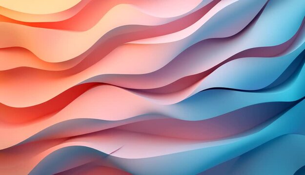 Abstract flowing wavy layers in gradient colors from turquoise blue to coral red pink, smooth undulating paper-like sheets stacked horizontally