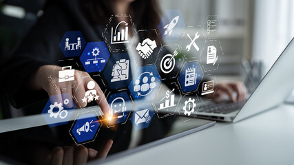 Fototapeta premium CRM platforms improve customer relationships through data analysis, CRM communication tools, and automation. CRM systems support customer management, tracking, and CRM relationship success. Entice