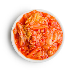 Fermented cabbage. Kimchi. Korean food in bowl isolated on white background.