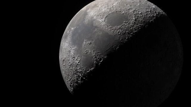 Realistic detailed Moon Surface Rotation with Solar Eclipse Shadow over Craters 3D animation for astronomy education, lunar topography visualization, and cinematic space exploration documentaries