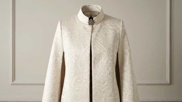 An elegant cream jacket with a textured pattern is showcased on a mannequin. A stylish brooch adorns the high collar, adding a touch of sophistication.