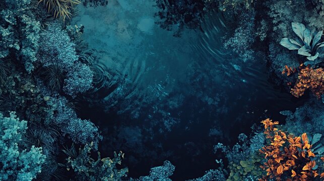 A dark, moody underwater scene reveals a vibrant coral reef teeming with life, illuminated by subtle light filtering through the water.