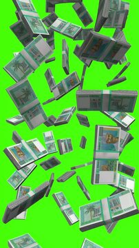 Vertical Djiboutian Franc bills falling on chromakey, DJF finance animation