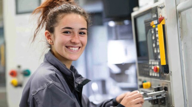 A young woman smiles while using a control panel in a workshop. She wears safety gear and appears focused on her work showcasing a blend of professionalism and enthusiasm.