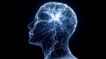 Obraz premium A glowing blue human head with lightning inside the brain on a black background