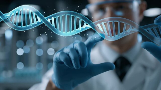 Scientist in a lab touches a glowing DNA strand, showing genetic research and modern biotechnology work