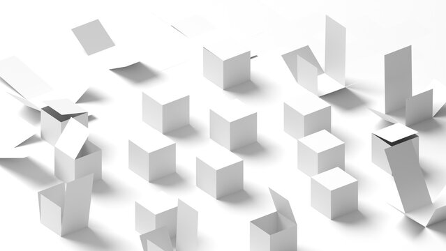 Abstract Minimalist White Cubes folding, assembly process 3D illustration motion graphics, logistics packaging, and geometric visualization concepts
