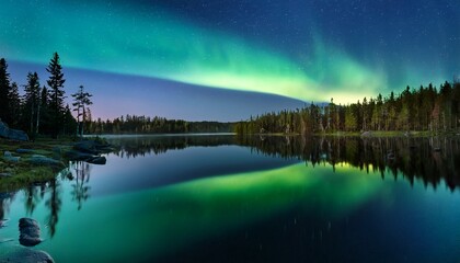 Stunning Northern Lights Over Serene Lake And Forest Reflection At Night Vibrant Aurora Borealis Illuminates Sky While Water Mirrors Colorful Display