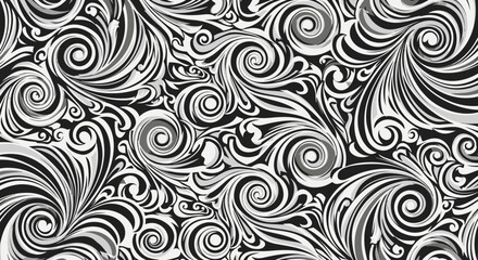 Intricate black and white swirling pattern design element.