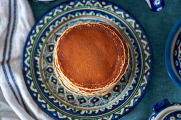 Obraz premium A stack of pancakes. Fresh homemade breakfast