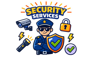 Cartoon male police officer with security symbols and shield