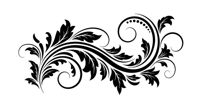 Elegant black floral decorative element with swirling leaves and vines.