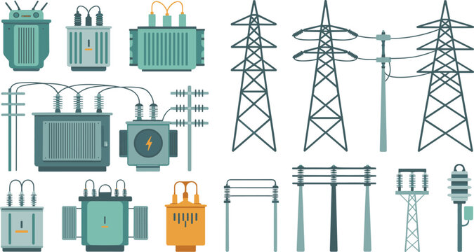 Electrical power equipment transformers transmission towers set, energy distribution infrastructure, high voltage lines, utility grid components, flat vector illustration