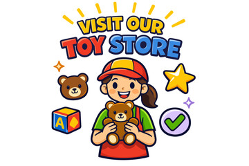 Obraz premium Visit our toy store: cheerful young girl holding teddy bear with colorful toys