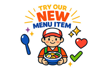 Fototapeta premium Cartoon chef promoting new menu item with enthusiastic symbols