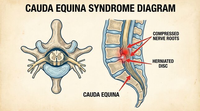 Medical diagram showing cauda equina syndrome and spinal nerve compression