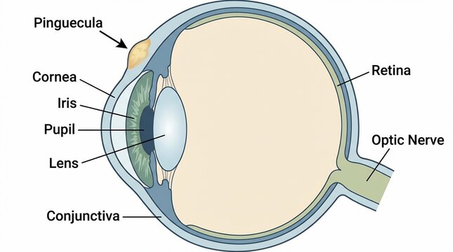 Medical illustration of human eye anatomy showing pinguecula condition
