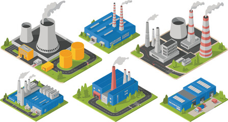 Isometric industrial factory and power plant illustration set, manufacturing buildings with cooling towers smokestacks, energy production infrastructure vector