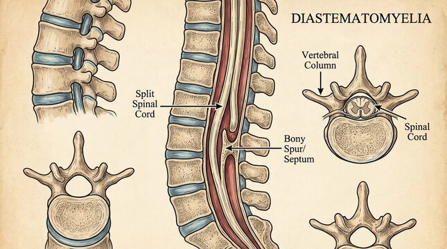 Medical Illustration Showing Diastematomyelia Condition and Split Spinal Cord