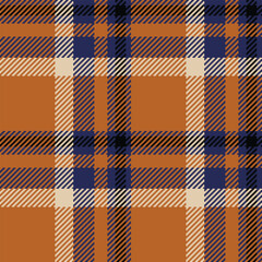 Tone fabric texture plaid, border pattern seamless textile. Tattersall tartan background check vector in orange and blue colors.