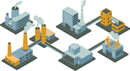 Obraz premium Isometric industrial factory network illustration, connected manufacturing buildings with smokestacks pipelines, power plants infrastructure, modern industry vector design