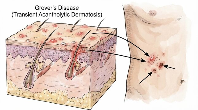 Medical illustration showing skin layers and Grover's disease symptoms