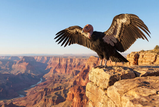California condor spreading wings on a rocky ledge