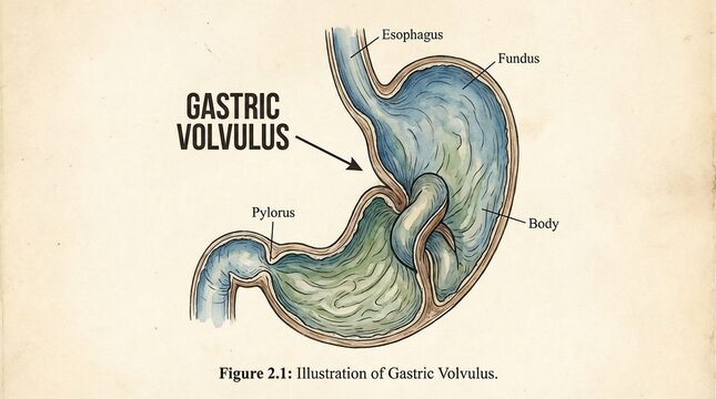 Medical illustration of gastric volvulus anatomical stomach twisting