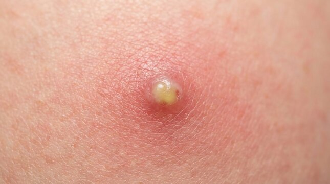 Close up of inflamed pimple with pus on skin