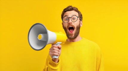 A man with a beard and stylish glasses exclaims with joy while holding a megaphone set against a vibrant yellow backdrop.