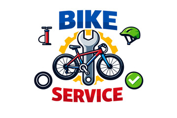 Fototapeta premium Bicycle repair logo with wrench and helmet
