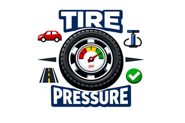 Obraz premium Tire pressure gauge with road and car icons for safe driving awareness