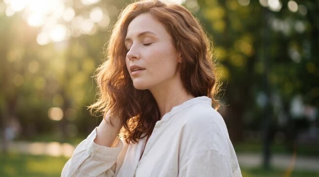 A woman with red hair enjoys a moment of tranquility and self-reflection in nature