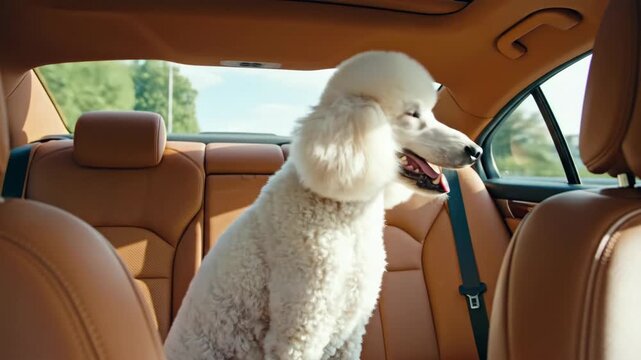 Cinematic travel scene captures groomed poodle calmly seated in car cabin, panting happily as sunlight fills modern interior and blurred trees pass outside window.