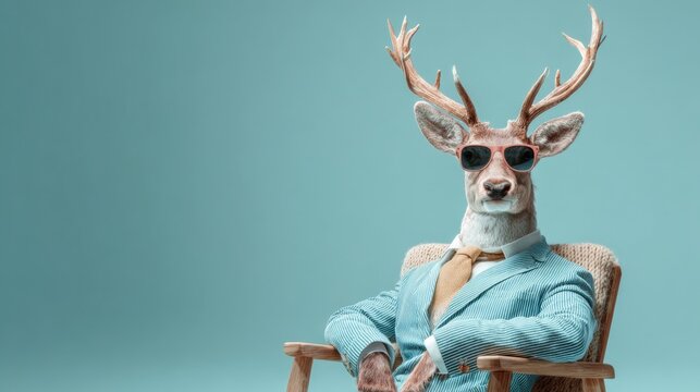 A deer clad in a tailored suit and sunglasses sits comfortably in a chair. The background is a soft pastel blue creating a whimsical yet chic atmosphere.
