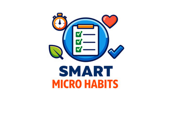 Obraz premium Smart micro habits concept with checklist, timer, leaf, heart, checkmark icons