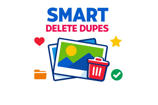 Smart delete dupes icon with photo, trash bin, heart, star, and checkmark