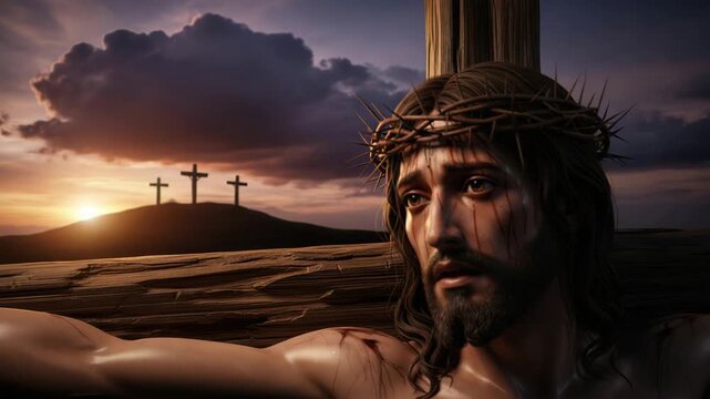Man Jesus on cross with thorn crown against dramatic sky and three crosses on hill. Biblical scene and religious concept.