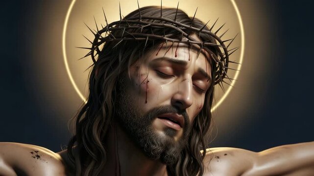 Man Jesus Christ with crown of thorns and halo. Religious biblical scene for Easter or Lent. Christian suffering concept.