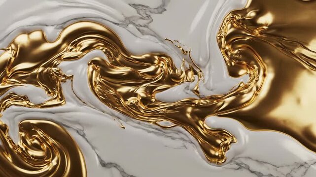 Fluid movement of gold on marble surface showing shiny texture and dynamic design in simple art