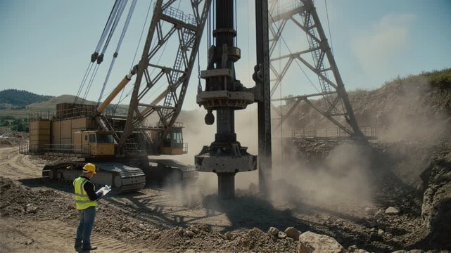 Engineer watches heavy drilling rig boring into ground amidst dust clouds. Scene depicts industrial progress and site safety. Ideal for construction or mining concepts.