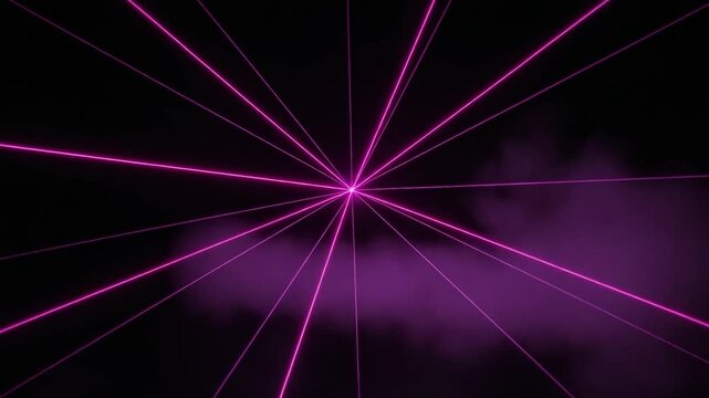 Laser Beam Nexus: A vibrant network of neon pink laser beams radiates from a central point, slicing through a smokey atmosphere, a stunning display of light and technology.
