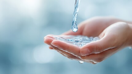 Water droplets cascade gently into outstretched hands creating a tranquil moment of connection with nature. Soft background enhances the feeling of calm and purity.