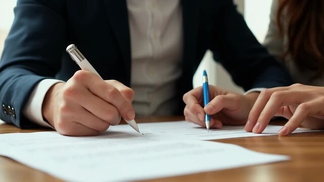 Close-up shot of two people in formal attire signing important business agreement documents at a wooden desk. Concept of collaboration, teamwork and partnership in office.