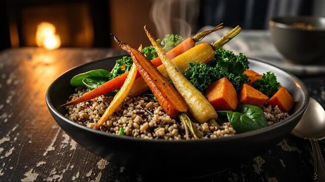 Steaming colorful vegetable quinoa bowl on rustic table with cozy fireplace glow