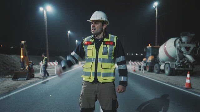 Angry construction worker in hardhat shouting loudly on road site at night. Emotional foreman giving orders near machinery. Concept of stress, deadline and industrial work conflict.