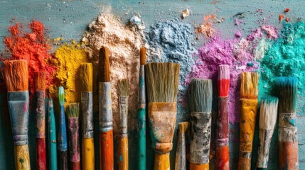 Obraz premium Various paintbrushes are neatly arranged next to a spectrum of colorful powder pigments on a rustic wooden surface showcasing a creative workspace.