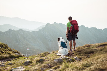 Naklejka premium man trekking with a dog in high mountains